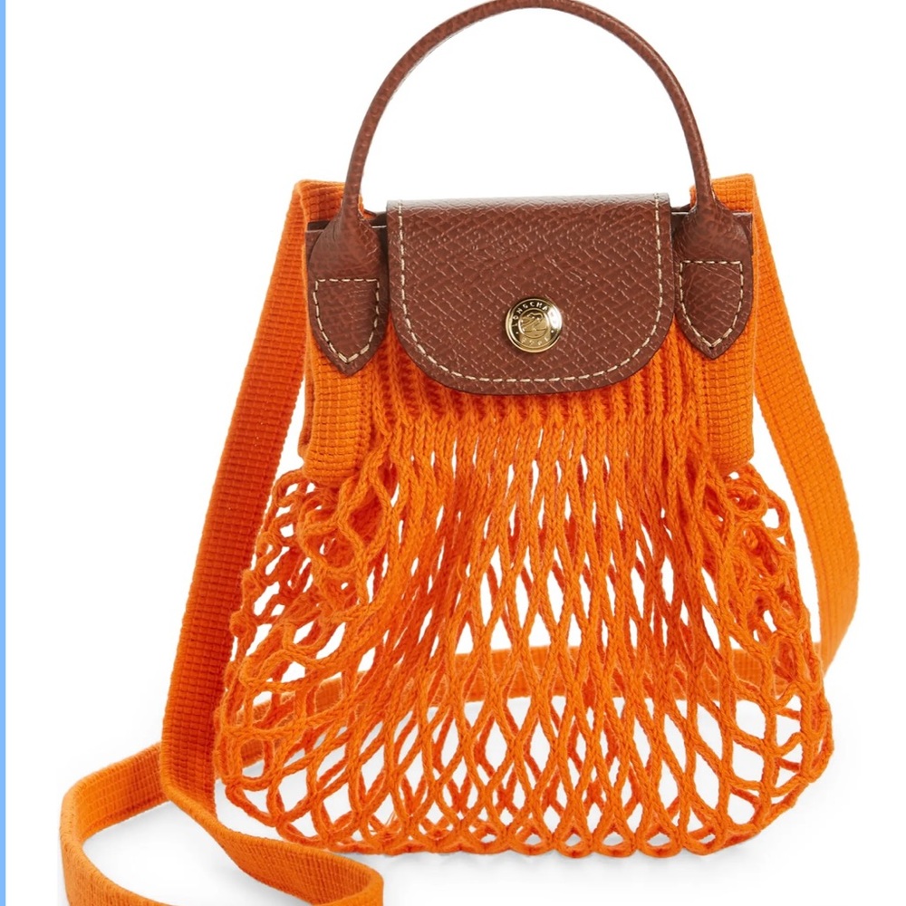 LONGCHAMP LE PLIAGE FILET SMALL TOTE WITH LEATHER TRIM AND STRAP ORANGE NWT